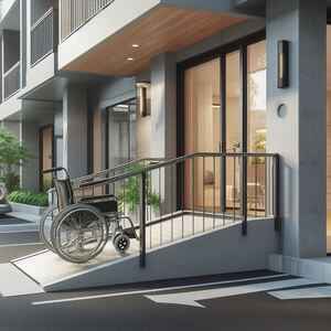 Wheelchair on ramp on the outside of an apartment.